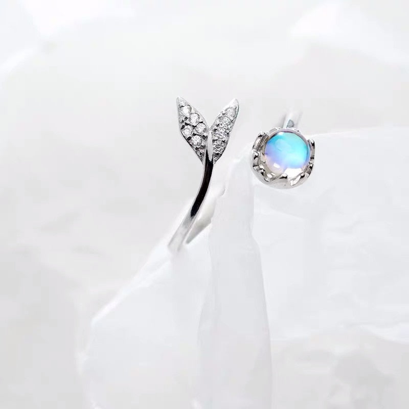 Real 925 Sterling Silver Cute tail moonstone Personality Adjustable Ring