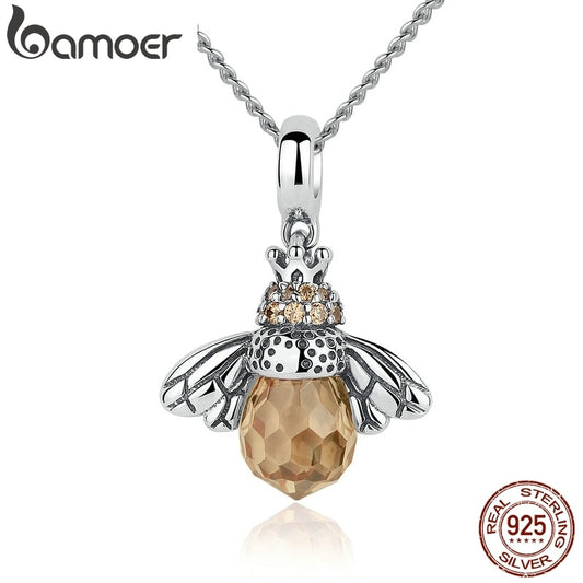 Bamoer 925 Sterling Silver Lovely Orange Bee Insect Pendant Necklace